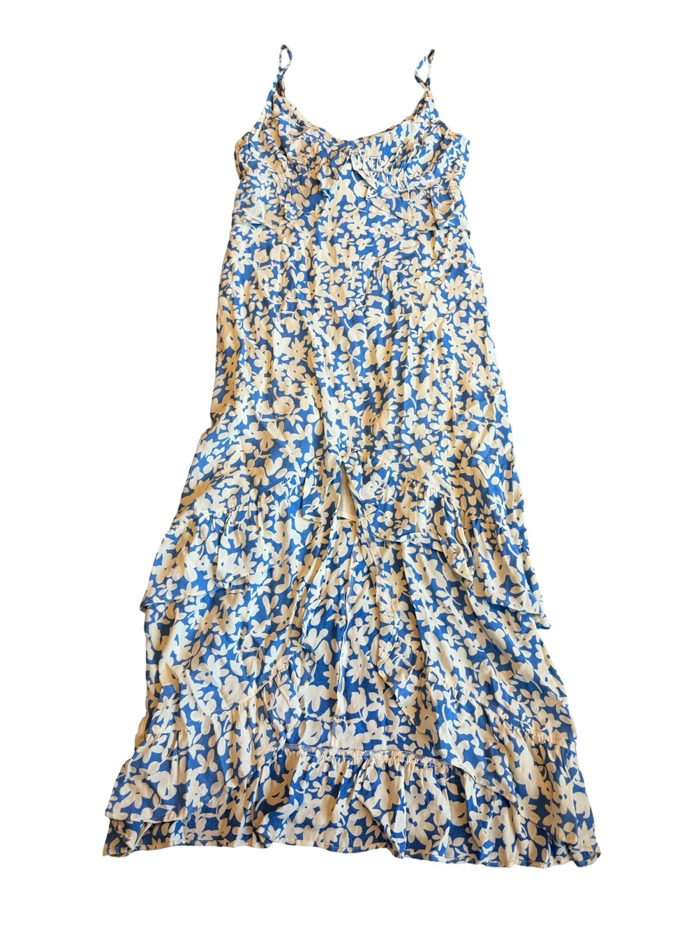 Winston White Blue Floral Miid Dress Tiered Ruffle Chiffon Flowy Size Large